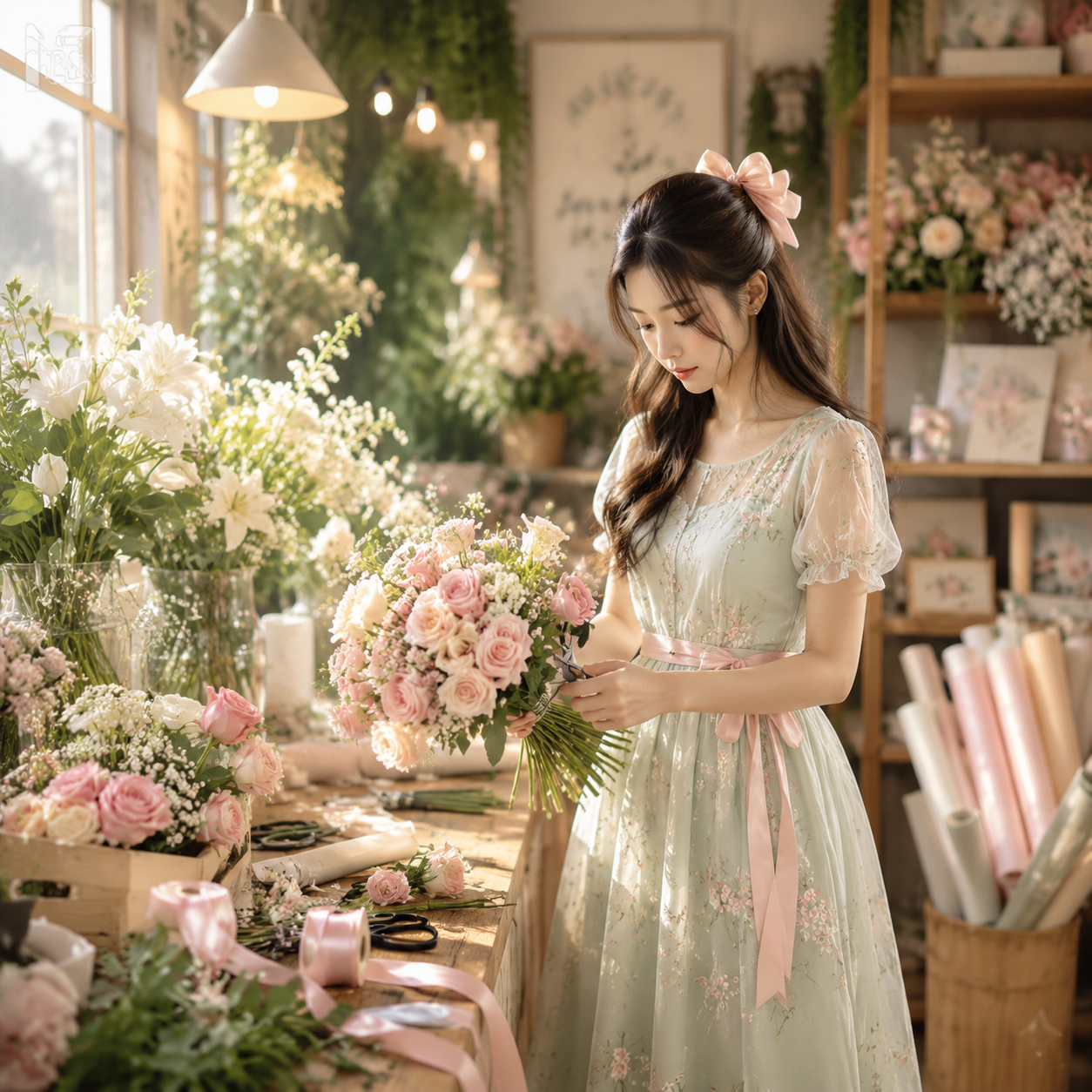生成一张浪漫精致的花艺工作室商业摄影图片：主体是一位年轻女性花艺师，站在木质花艺工作台旁，身体微微侧向左侧，低头专注整理一束粉色玫瑰与细小白色配花，手中拿着修枝剪。她留长卷发，半扎...