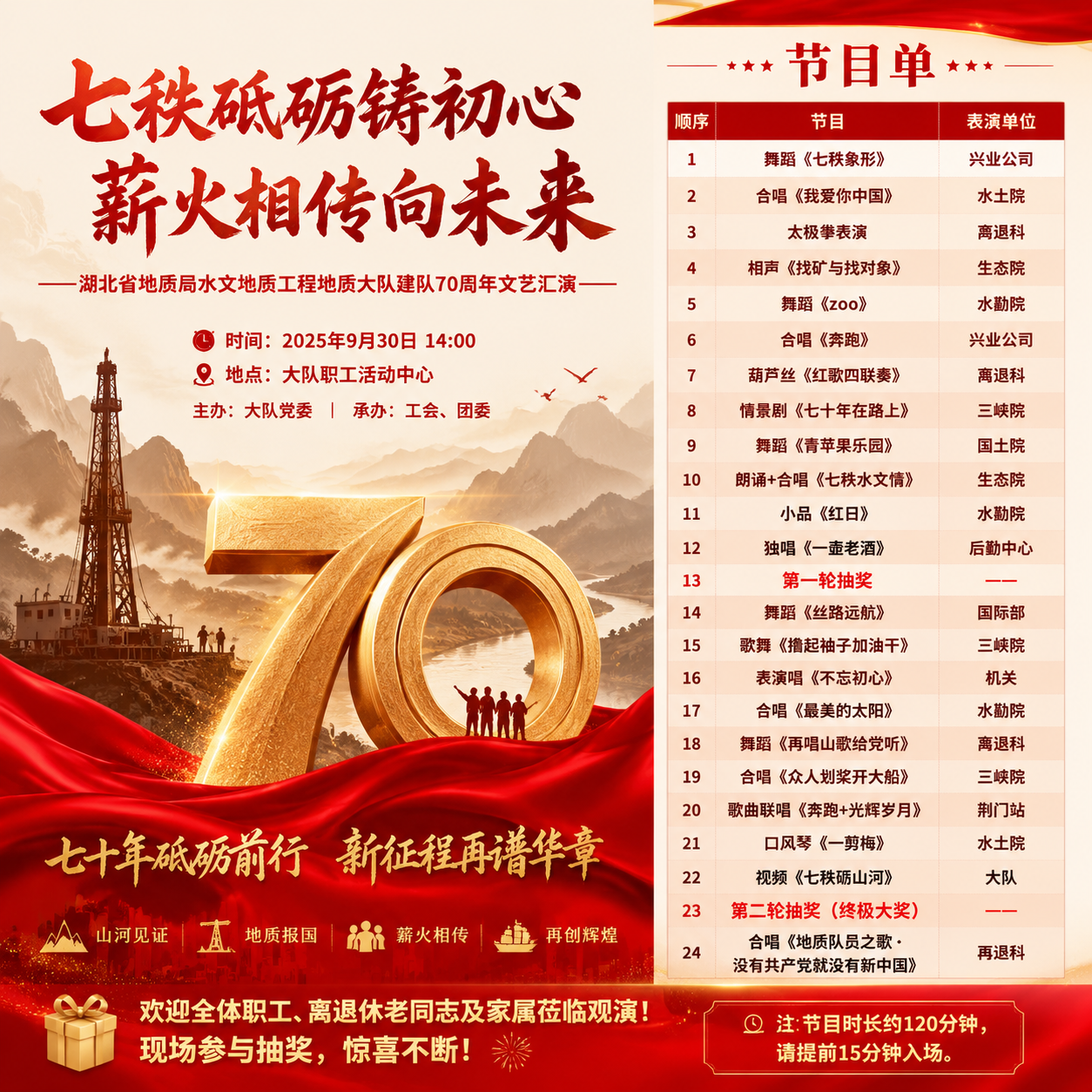 宣传海报（含节目单） 海报设计文案（竖版，A0尺寸） 主标题： 七秩砥砺铸初心 薪火相传向未来 ——湖北省地质局水文地质工程地质大队建队70周年文艺汇演—— 副标题：...